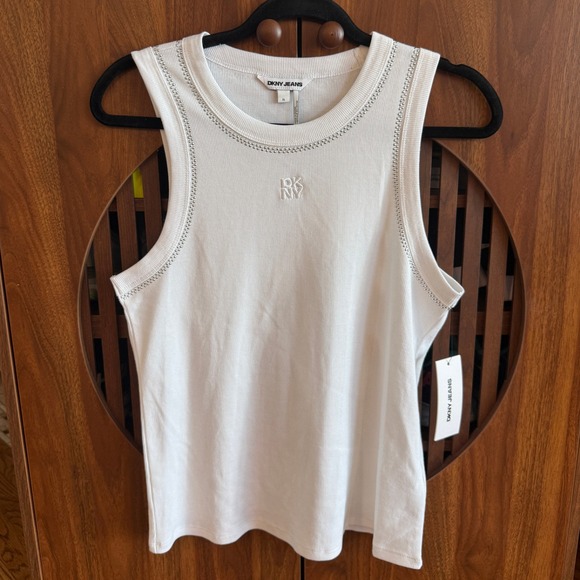 Dkny Tops - DKNY Jeans Womens White Studded Ribbed Tank Top Sleeveless Logo XL DJ5T1380